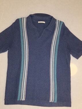 Marine Layer Navy Polo Knit with Teal & White Stripes